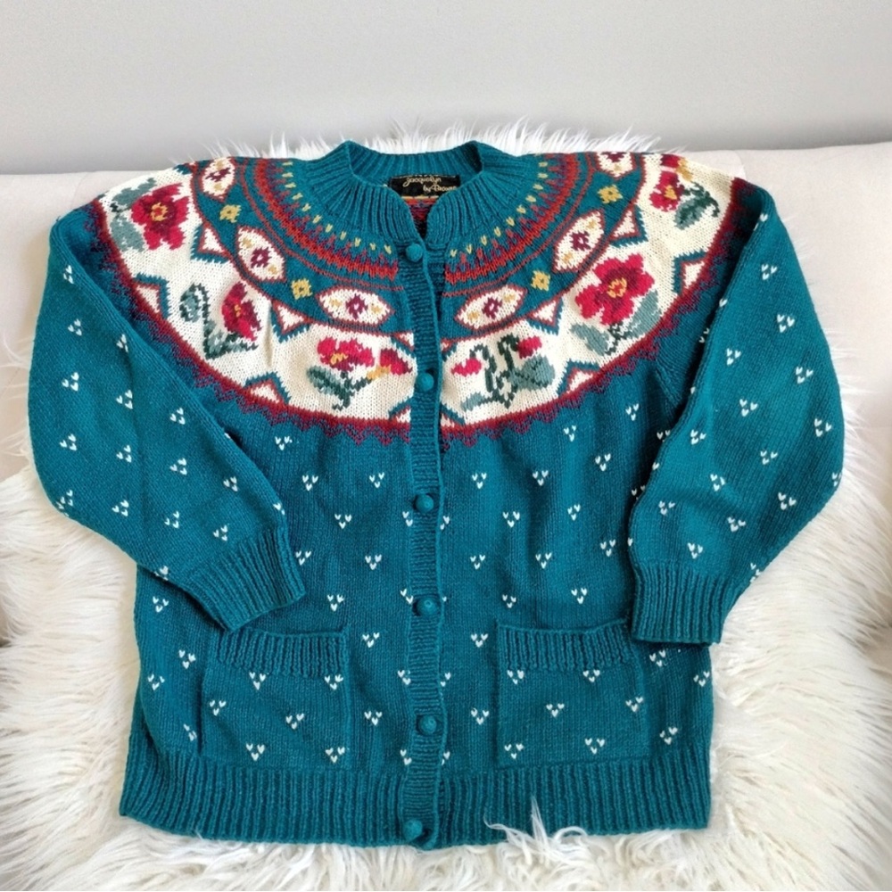VINTAGE 90s Fair Isle Cardigan Sweater Jacquelyn by Brown Large Cotton